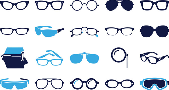 Eyeglasses and sunglasses assortment set of optical frames vector icons.