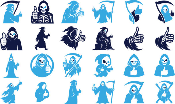 Grim reaper character icons in blue and dark blue colors giving thumbs up sign.