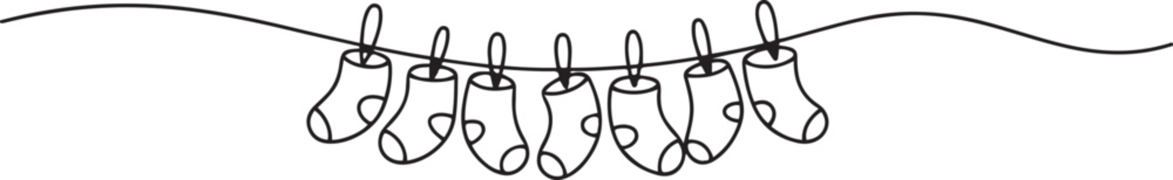Continuous one line drawing of baby socks hanging clothesline icon in silhouette on a white background. one line icon drawing vector