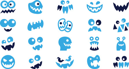 Cute monster faces collection funny cartoon characters for halloween holiday design playful creatures expressive eyes. © FihaArt