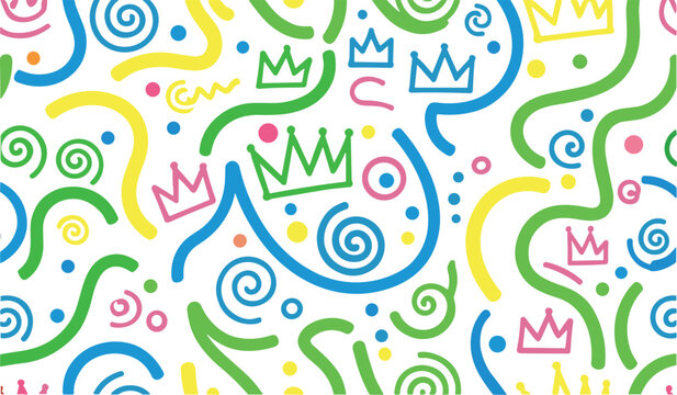 Abstract colorful doodle seamless pattern vector with crowns swirls and playful shapes, fun Memphis style background for kids and creative design