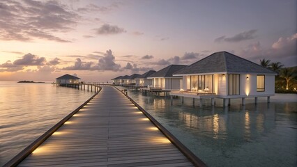 Obraz premium Minimalist Luxury Overwater Resort at Golden Hour with Modern Villas and Boardwalk