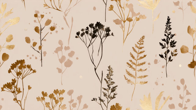 Minimal floral pattern with delicate plant silhouettes and gold accents