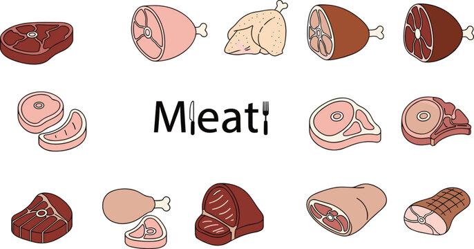 Vector illustration of assorted meat cuts, including steak, chicken legs, ham, and more. Minimalist design featuring various cuts for food-related projects.