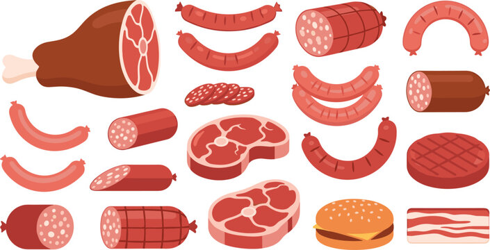 Vector illustration of various meat cuts including ham, sausages, steaks, salami, and burgers. Perfect for food-related designs and culinary projects.