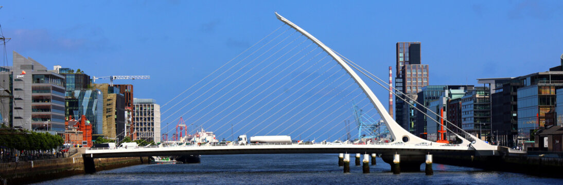 DUBLIN REPUBLIC OF IRELAND: Samuel Beckett Bridge is a cable-stayed swingbridge, Architect Santiago Calatrava was the lead designer of the bridge
