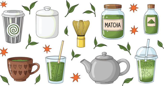 Matcha tea drinks, teapots, cups, and accessories with green tea leaves and flowers. Ideal for matcha beverage and tea set illustrations.