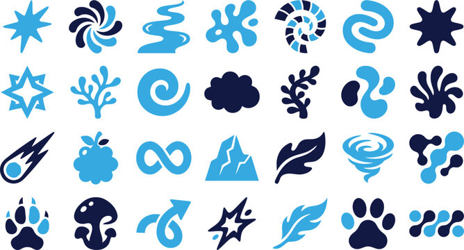 Abstract blue and dark blue symbols representing elements like stars water waves fire and nature organic shapes.