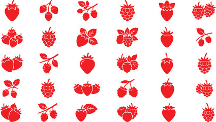 Red strawberry and raspberry silhouettes for juice branding and berry fruit illustrations. © Farzana Akter Munni