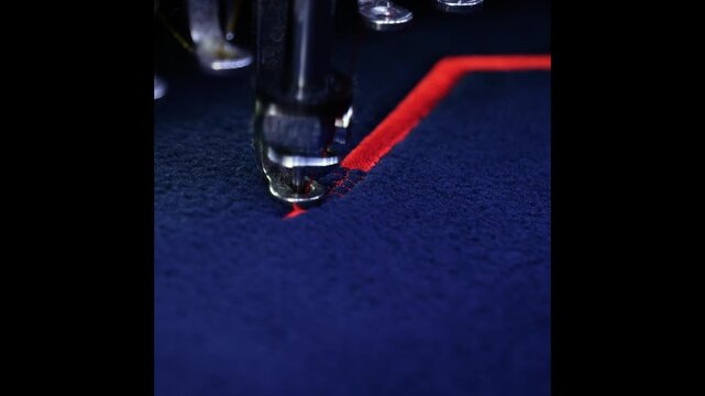 Machine embroidery on a black fleece blouse with red thread. House roof embroidery. Selective focus close-up.
