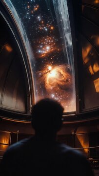 Person looking through large observatory window at a star cluster