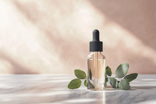 A clear glass dropper bottle with a pale serum on a white marble surface. A single fresh sprig of eucalyptus lies beside the bottle, casting a soft shadow. 