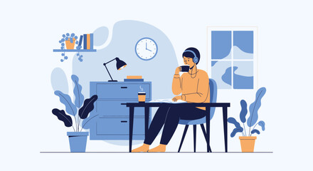 Obraz premium Cozy Home Office: Person Working Remotely with Coffee and Headphones