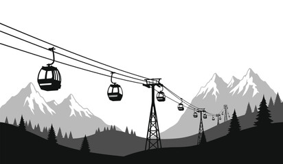 mountain cable car silhouette with scenic landscape and snow capped peaks black and white high quality professional detailed modern elegant stylish clean crisp vibrant © ARSM D