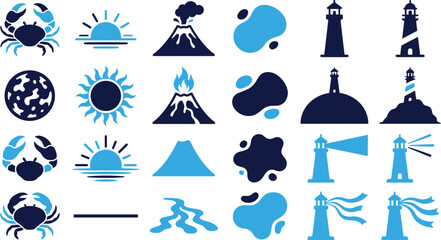 Collection of nautical and natural elements lighthouses crabs volcanoes sun and water. © ParvejBD