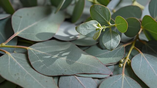 Fresh eucalyptus leaves with soft shadows in natural light