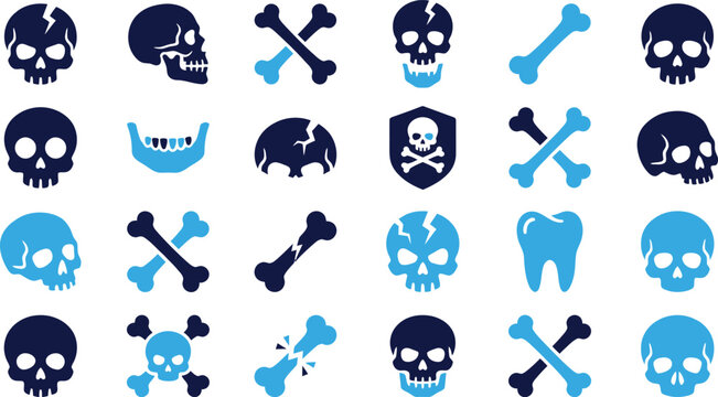 Assorted collection of skull and bone symbols crossbones teeth and broken objects.