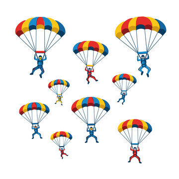 A group of colorful parachuters in mid-air.