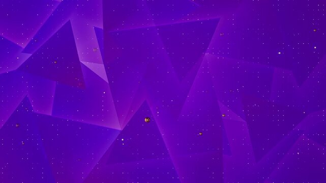 Purple polygon star background geometric triangle shapes, tiny gold particles, deep violet gradient, abstract motion depth. for event videos, modern slides, party visuals, music promos, and overlays.