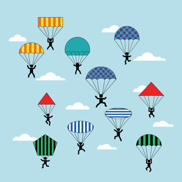 Colorful illustration of parachuters in sky.