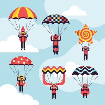 Colorful cartoon parachuters in the sky.