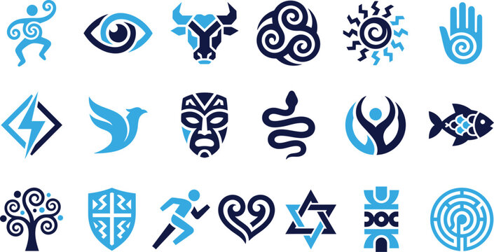 Set of abstract symbols cultural icons and natural elements symbolic representations modern clean vector graphics.
