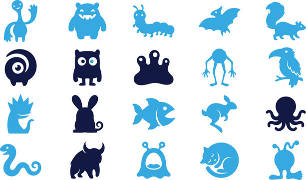Set of diverse cartoon monster and creature icons in blue and dark blue colors isolated on white background.