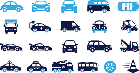 Car icons set featuring sedan van truck taxi and emergency vehicle collection. © Icon Set