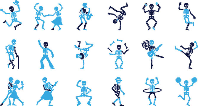 Set of dancing skeleton icons in blue and dark blue on white background vector illustration.