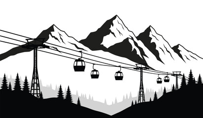 mountain landscape with ski lift gondolas black and white vector illustration with coniferous trees and peaks high quality professional detailed modern elegant stylish clean © ARSM D