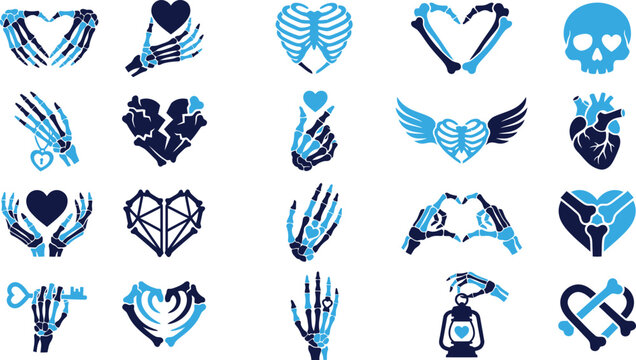Skeleton hand heart icons set bones hand heart rib cage heart hand skeleton bones heart skull hand skeleton heart.