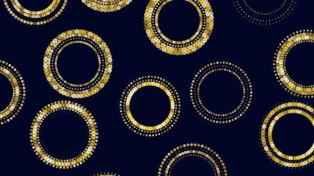 Seamless abstract motion background with blue dotted circular rings and soft bokeh glow on dark navy backdrop, ideal for tech, data, science, and modern design projects