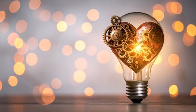 &ldquo;Light bulb glowing with heart-shaped filament, gears turning within, fusion of love and machinery, symbol of creativity, innovation, and emotion intertwined in luminous design.&rdquo;