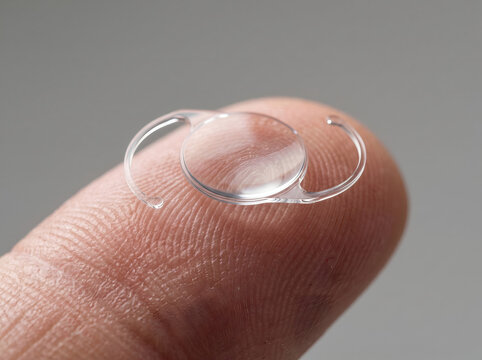 Extreme Close-Up of Clear Intraocular Lens Implant for Cataract Surgery on Fingertip