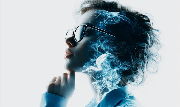 girl short hair in glasses is thinking about something futuristic and high-tech	
