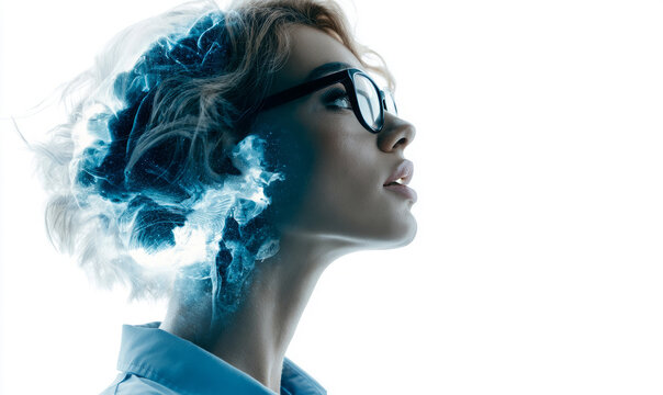 girl short hair in glasses is thinking about something futuristic and high-tech	
