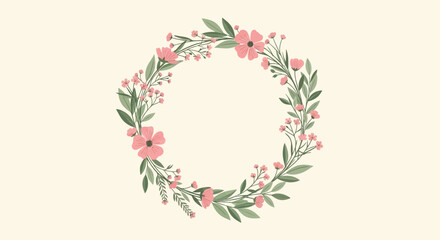 Obraz premium Delicate Pink Floral Wreath with Green Leaves on Cream Background