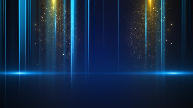 Blue gold vertical light stage glowing beams, glitter particles, dark luxury space, and cinematic floor glow. award videos, product reveals, event intros, gala screens, music visuals, elegant overlays
