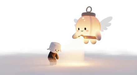 Naklejka premium Cute Angel Lantern Guiding Small Figure