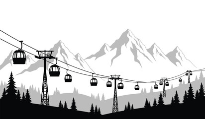 mountain landscape with ski lift gondolas and coniferous trees grayscale vector illustration on a white background high quality professional detailed modern elegant stylish clean © ARSM D