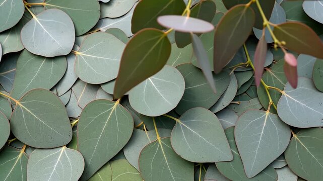 Fresh silver dollar eucalyptus leaves in a dense botanical arrangement
