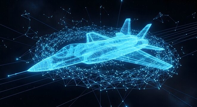 Futuristic fighter jet blueprint made of glowing blue digital network lines and nodes with blueprint, futuristic