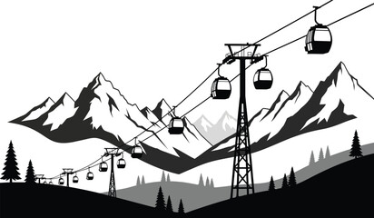 ski resort aerial tramway silhouette with mountain range and evergreen trees on a white background high quality professional detailed modern elegant stylish clean crisp © ARSM D