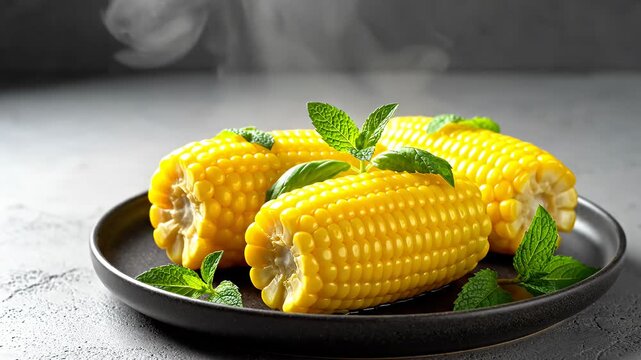 Fresh steaming corn cobs with herb garnish on plate