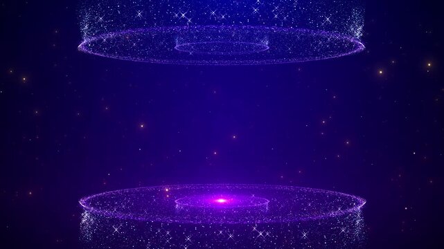 Purple cosmic portal rings sparkling particles, glowing circular platforms, dark galaxy space, magical sci fi energy. fantasy videos, teleport effects, title reveals, game intros, futuristic overlays.