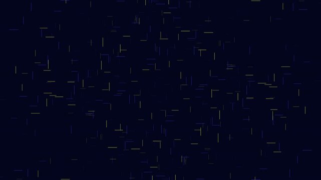 Abstract dark blue background with glowing short lines and particles drifting in random directions, creating a futuristic technology pattern for motion design and overlays
