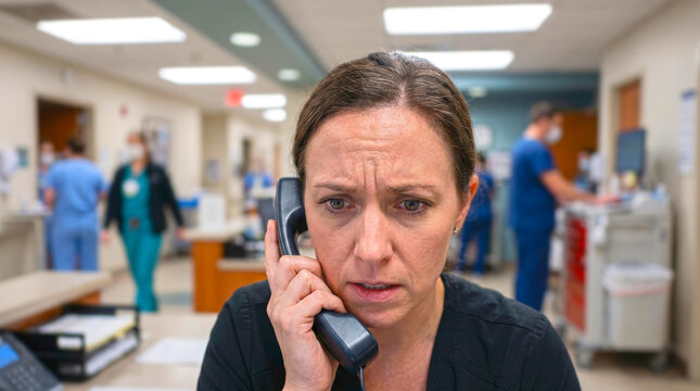 Stressed Healthcare Worker Answering Emergency Call Medical Facility Reception