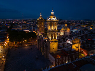 Naklejka premium Aerial view Cathedral of Our Lady of the Immaculate Conception, Puebla de Zaragoza, blue hour