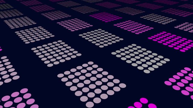 Futuristic abstract footage of glowing purple dot grids on a dark surface, forming geometric patterns with depth and perspective for technology, data, and modern design themes