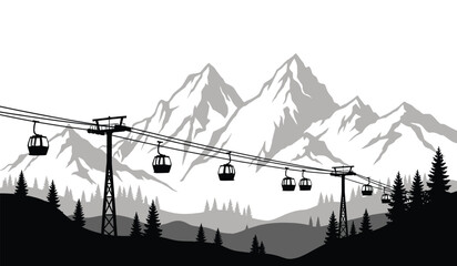 silhouette of ski lift gondolas and mountain range with evergreen trees against a white background high quality professional detailed modern elegant stylish clean crisp © ARSM D